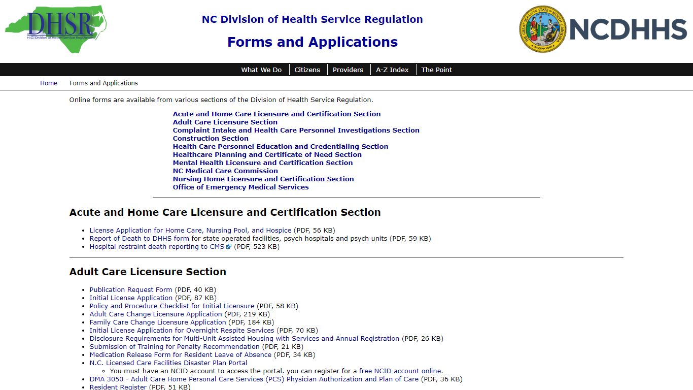 NC DHSR: Forms and Applications